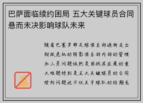 巴萨面临续约困局 五大关键球员合同悬而未决影响球队未来 巴萨面临续约困局 五大关键球员合同悬而未决影响球队未来