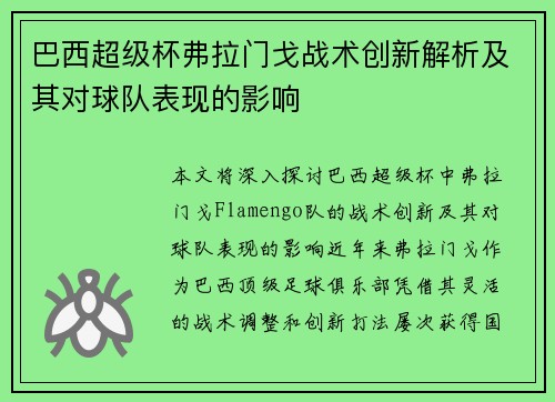 巴西超级杯弗拉门戈战术创新解析及其对球队表现的影响